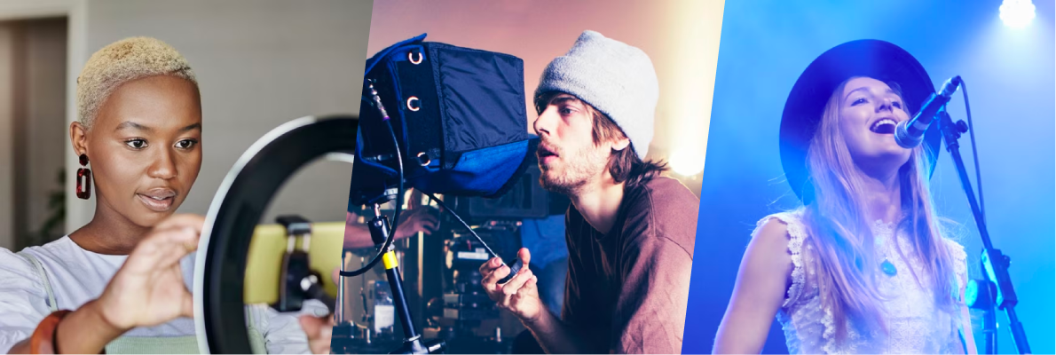 从左至右，分别是金色短发的女性手持着索尼手机，操作着索尼摄影器材的年轻男性，使用索尼专业麦克风演唱的女性