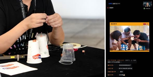 左为:CurioStep工作坊“纸杯音箱DIY”;右为:兰州大学陈禹舟同学分享支教经历