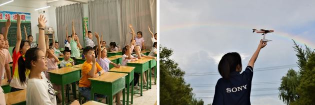 孩子们踊跃回答问题(左);大学生放飞航模(右)