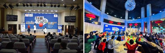 天津聋人学校-“漂浮系列”表演(左); 天津科技馆-“静电杯”互动(右)