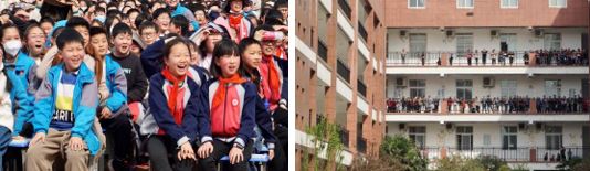 兴高采烈看表演的同学们<左>                  没能参与的同学们课间围观活动<右>