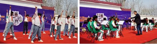 黄湖小学爱乐舞团为“探梦”献舞<左>           黄湖小学爱乐乐团为“探梦”奏乐<右>