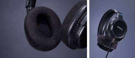 MDR-MV1亲肤的类绒面耳罩，提供更舒适自然的佩戴感；以及线材细节展示