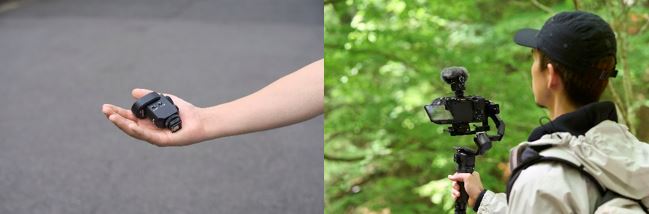 小巧便携的ECM-M1 (左)ECM-M1在稳定器上使用(右)