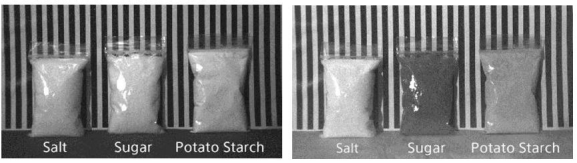 （左：可见光；右：短波红外线）利用短波红外线吸收率的差异进行材料分类